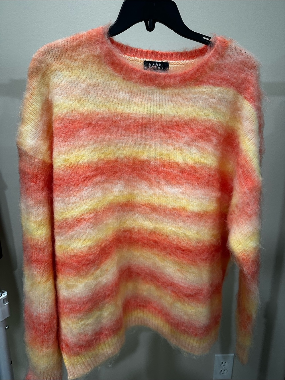 Boohoo Coral, Yellow & Cream Fuzzy Stripe Crewneck Sweater